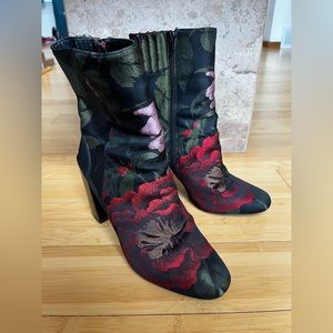 Black Red Floral Brocade Jeffrey Campbell Stratford Booties | Gently Loved
